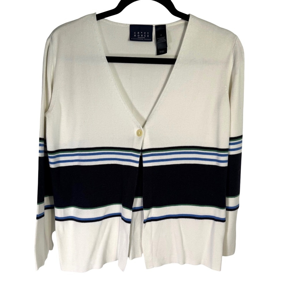 VTG Crazy Horse Womens White Striped V-Neck Cardigan Sweater Navy Blue M Coastal